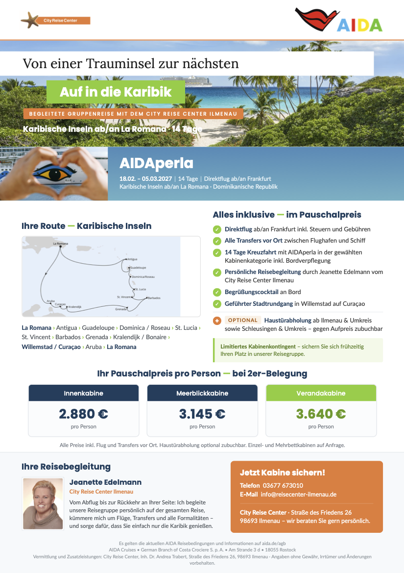 Mit Aida in die Karibik im Februar 2027